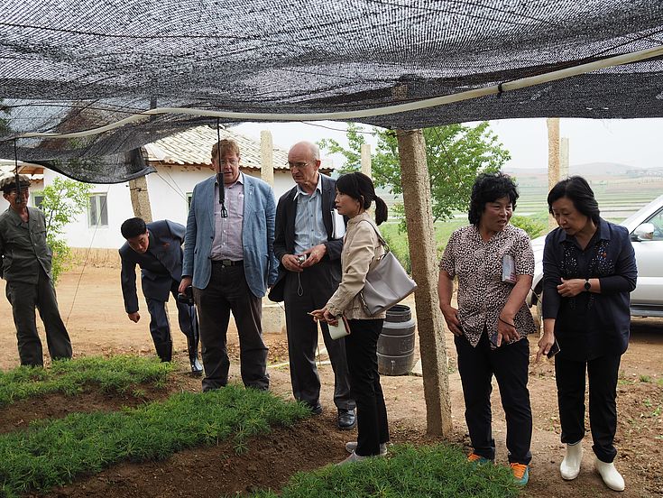 Während einer Vor-Ort-Inspektion besuchten das Food Security Büro der EU, Repräsentanten der HSS und lokale Projektpartner die Aufforstungs-Station in Sangseo-ri.