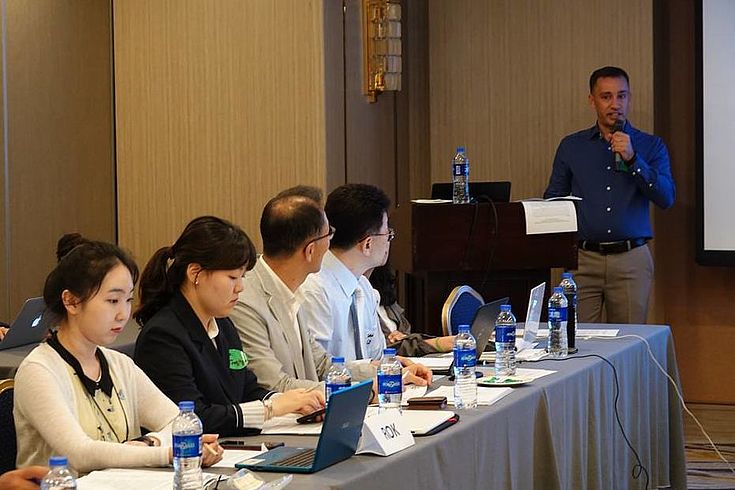 Raphael Glemet of IUCN, speaking at the meeting of the Working Group for the Conservation of the Yellow/West Sea Intertidal and Associated Coastal Wetlands