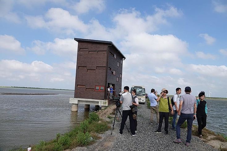 Bird observation point directly on the shore of the site where the Yangtze River flows into the Yellow Sea
